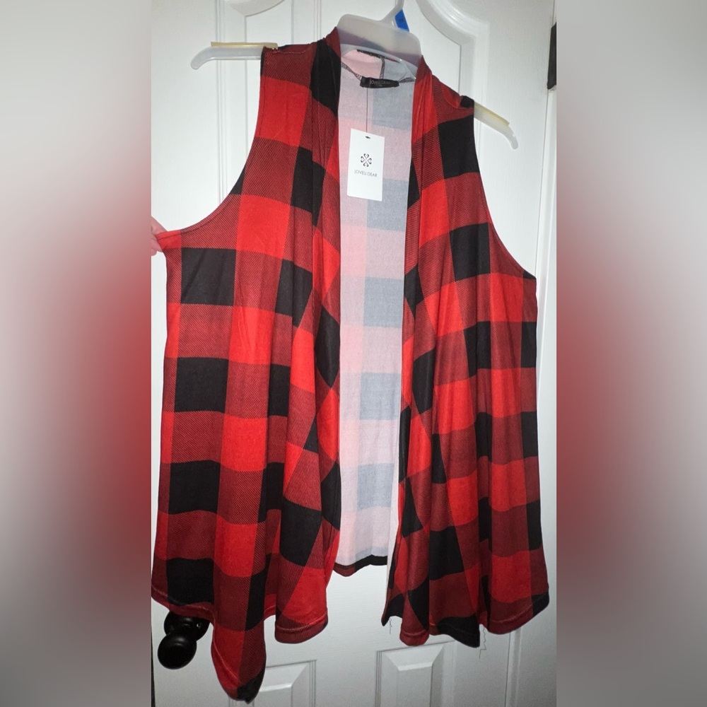 Red and Black Plaid Sleeveless Vest